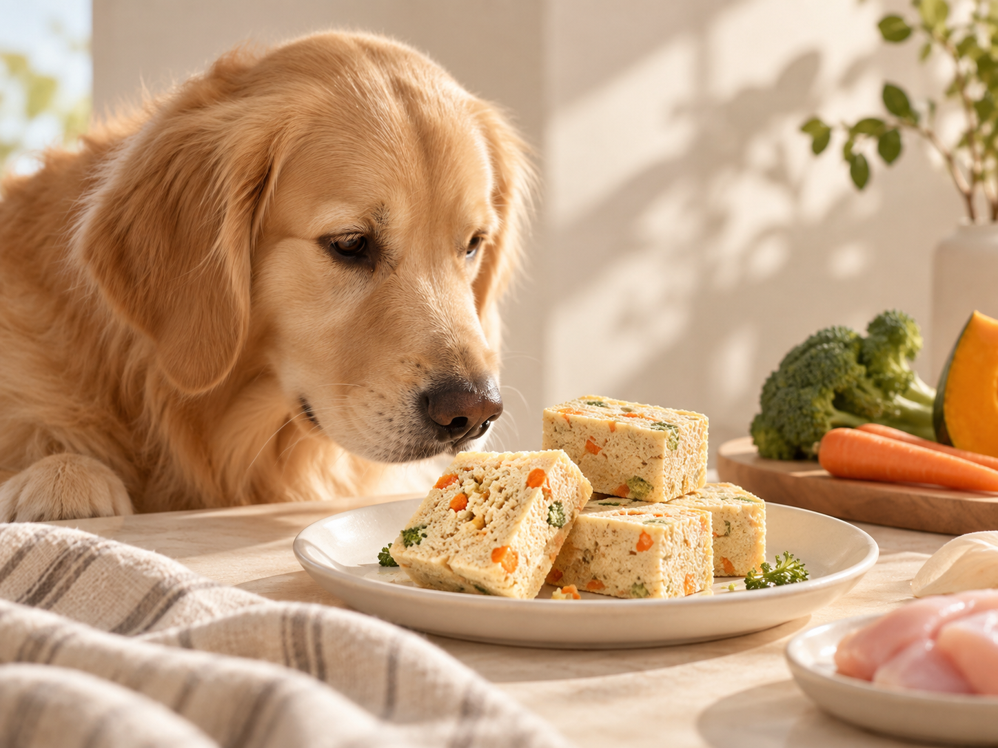 暖色自然光下的金毛犬与宠物食品